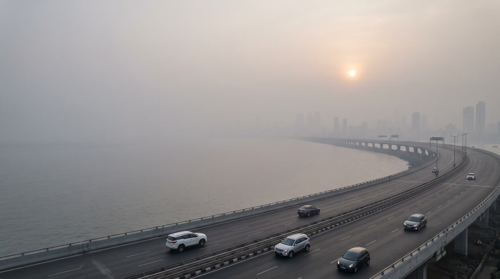 The coastal road curving along the sea and vanishing into thick grey haze, a pale sun above