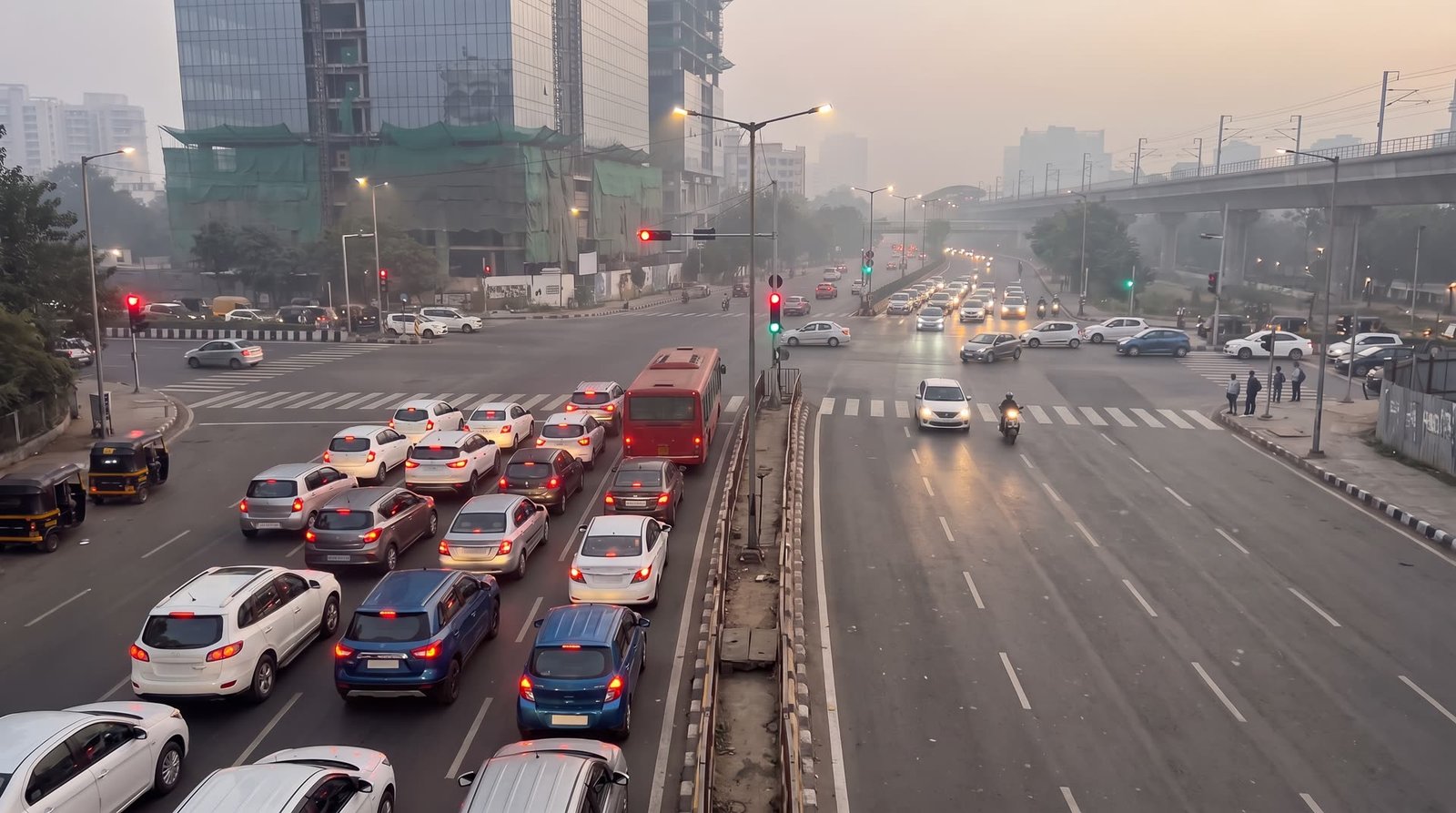 A busy junction at dawn: cars queued in their lanes at a red signal, dust and exhaust hanging over them